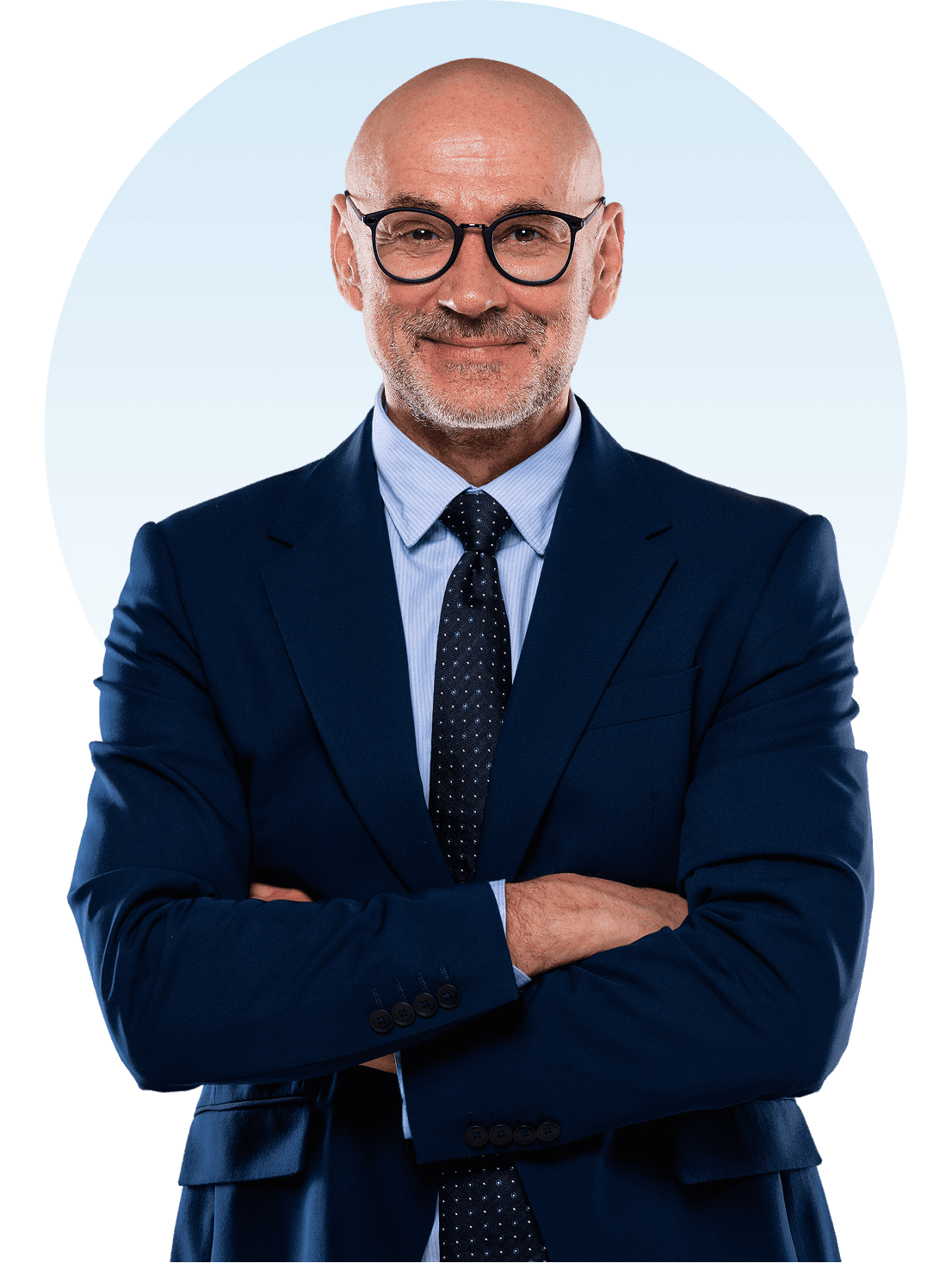 Bald man in suit with crossed arms.