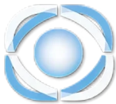 Abstract blue and white circular logo design.